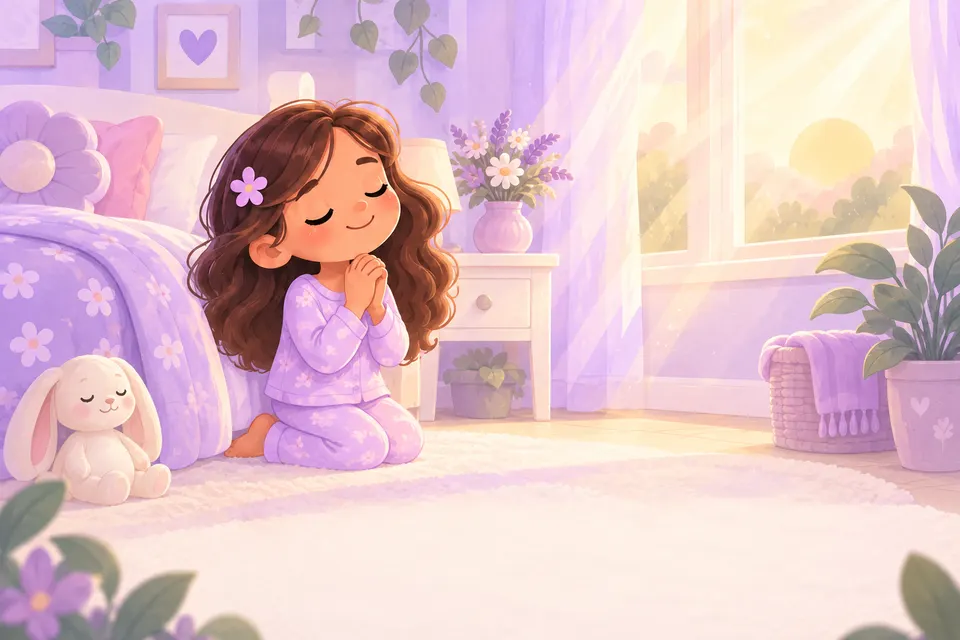 Una niña ora de rodillas junto a su cama, con la luz de la mañana.