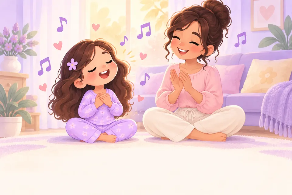Una niña canta con su mamá, con notas de música alrededor.
