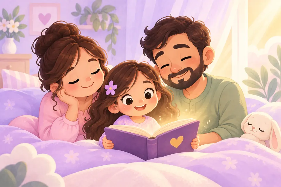 Una niña, su mamá y su papá leen la Biblia juntos en la cama.