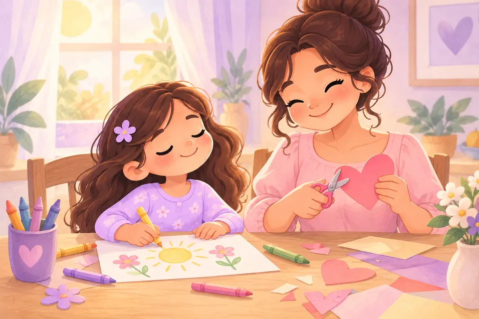 Una niña colorea mientras su mamá recorta un corazón de papel.