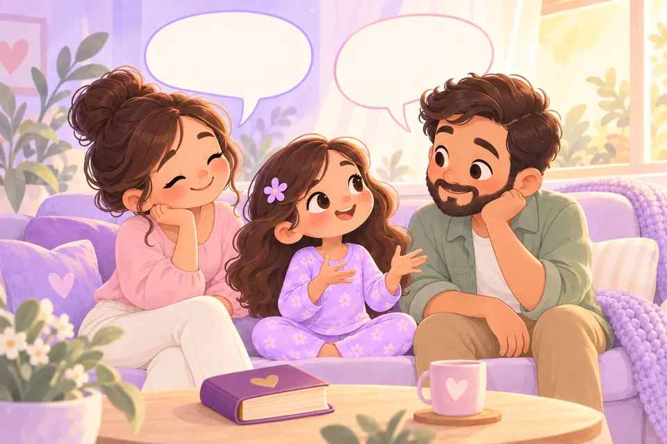 Una familia conversa en el sofá con una Biblia sobre la mesa.