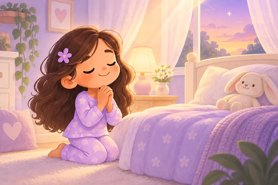 Una niña ora de rodillas al caer la tarde, junto a su cama.