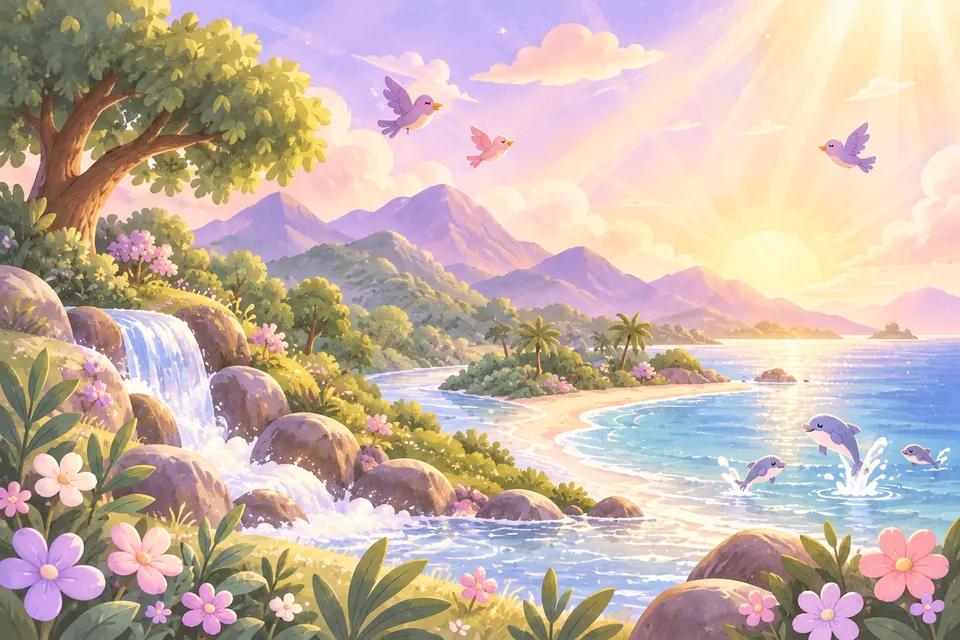 Una cascada que cae al mar, con delfines y pájaros bajo la luz del amanecer: Dios lo hizo todo.