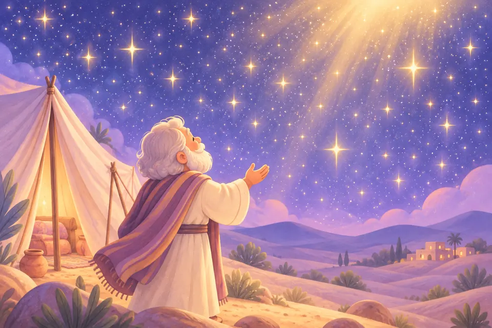 Abraham mira un cielo lleno de estrellas, junto a su tienda.