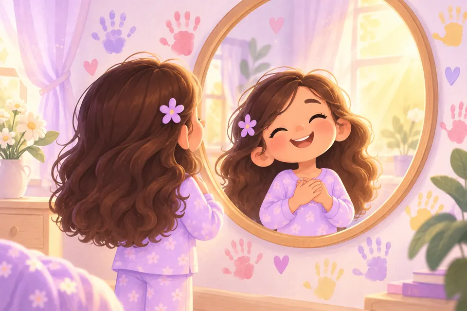 Una niña se sonríe en un espejo, rodeada de manitas pintadas de colores.