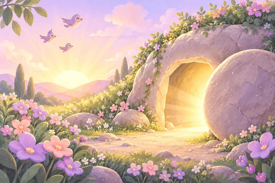La tumba vacía en un jardín con flores, y una luz dorada que sale de la cueva.