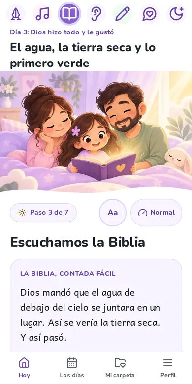 Pantalla de DevoKids: el paso «Escuchamos la Biblia», con el pasaje contado fácil.