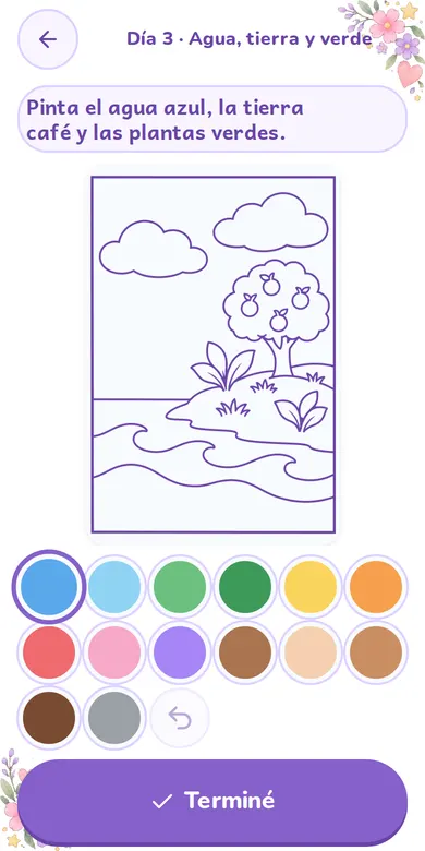 Pantalla de DevoKids: una lámina para colorear con el dedo y su paleta de colores.