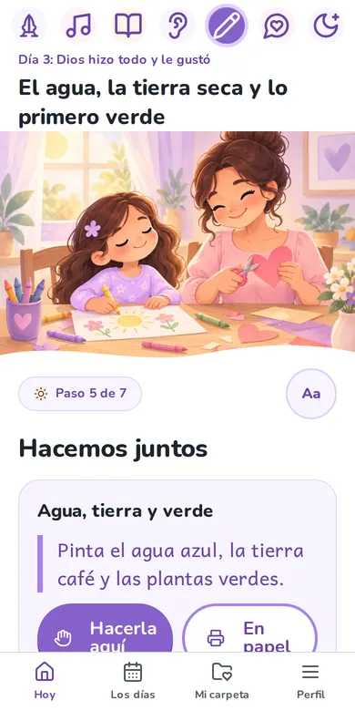 Pantalla de DevoKids: el paso «Hacemos juntos», con las opciones «Hacerla aquí» y «En papel».